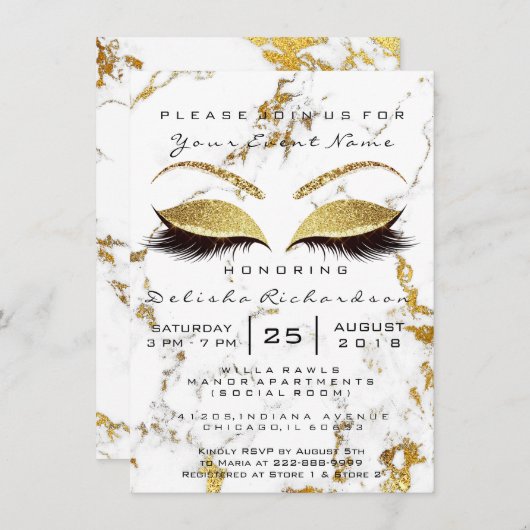 ブライダルシャワースウィート16thアイズメイクアップ金ゴールド大理石 招待状 (正面/裏面)
