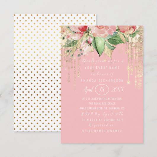 ブライダルシャワースウィート16thピンクのローズ金ゴールドドットのスパーク 招待状 (正面/裏面)