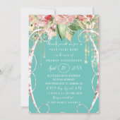 ブライダルシャワースウィート16thピンクローズ花模様アクア 招待状 (正面)
