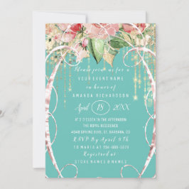 ブライダルシャワースウィート16thピンクローズ花模様アクア 招待状