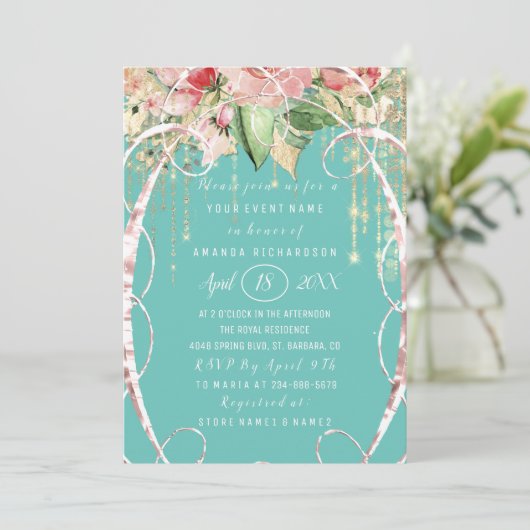 ブライダルシャワースウィート16thピンクローズ花模様アクア 招待状 (スタンド正面)