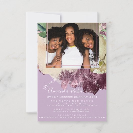 ブライダルシャワースウィート16thフォトパープルバラフローラ 招待状 (正面)