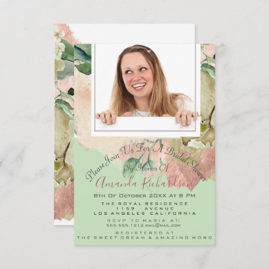 ブライダルシャワースウィート16thフォトミントピーチフローラ 招待状 (正面/裏面)
