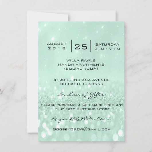 ブライダルシャワースウィート16thミントグリーングリッター 招待状 (裏面)