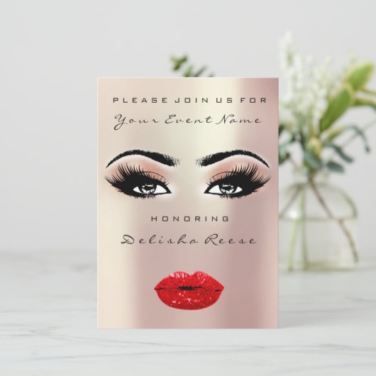 ブライダルシャワースウィート16th赤キスリップメイクアップバラ 招待状 (スタンド正面)