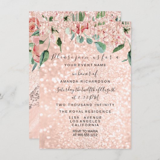 ブライダルシャワースパークバラ金ゴールドピンクドレス花模様 招待状 (正面/裏面)