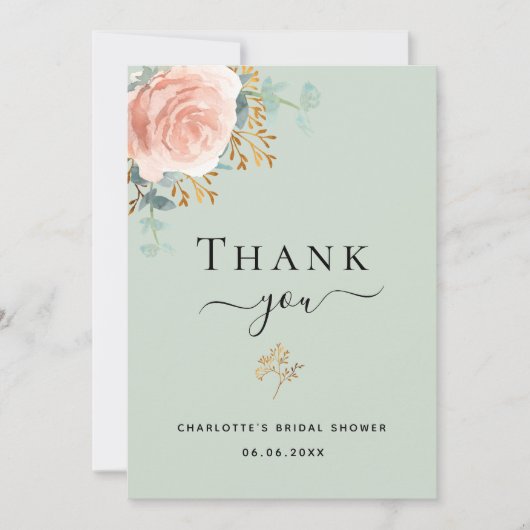 ブライダルシャワーセージ緑のフローラサンキューカード 招待状 (正面)