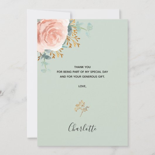 ブライダルシャワーセージ緑のフローラサンキューカード 招待状 (裏面)