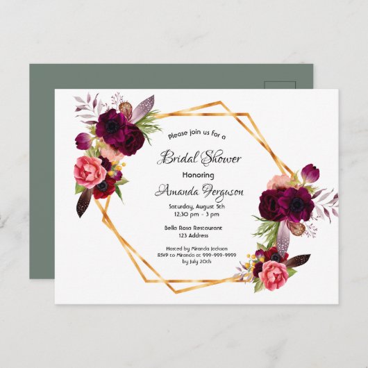 ブライダルシャワーセージ緑の金ゴールドバーガンディ招待 ポストカード (正面/裏面)