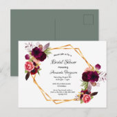 ブライダルシャワーセージ緑の金ゴールドバーガンディ招待 ポストカード (正面/裏面)