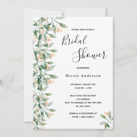 ブライダルシャワーセージ緑の黄金色の植物白 招待状 (正面)