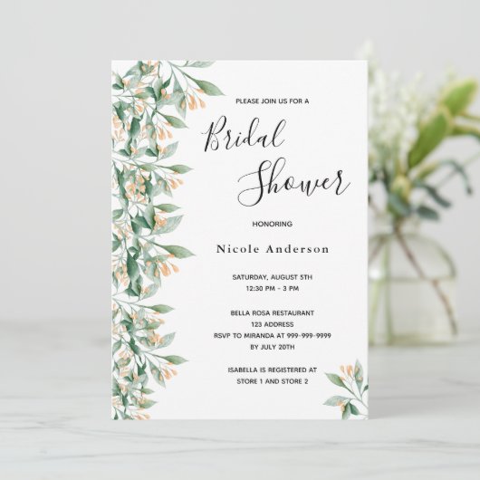 ブライダルシャワーセージ緑の黄金色の植物白 招待状 (スタンド正面)