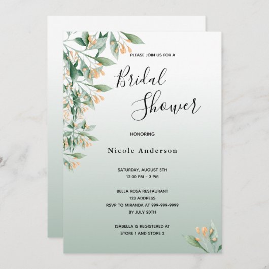 ブライダルシャワーセージ緑の黄金色の植物 招待状 (正面/裏面)