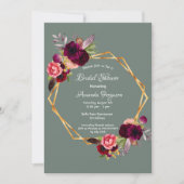 ブライダルシャワーセージ緑フローラ幾何学的ブルゴーニュ 招待状 (正面)