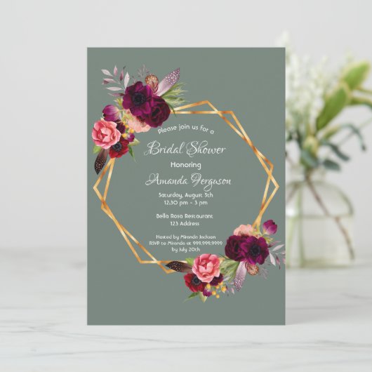 ブライダルシャワーセージ緑フローラ幾何学的ブルゴーニュ 招待状 (スタンド正面)