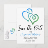 ブライダルシャワーセーブザデートブルーグリーンハートアンノ 案内ポストカード (正面/裏面)