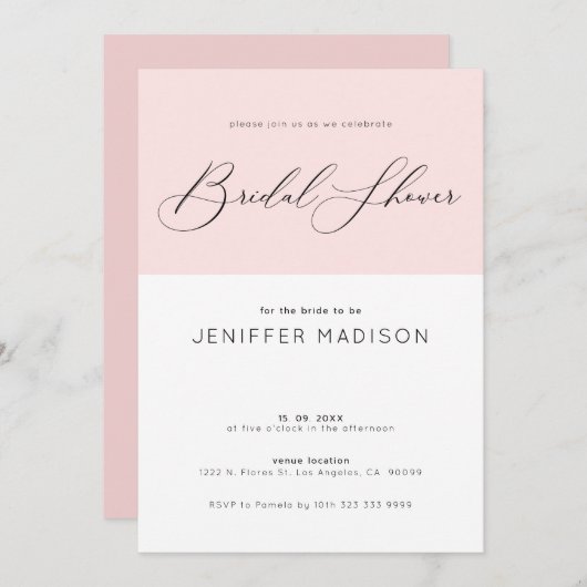 ブライダルシャワータイポグラフィピンクと白の背景 招待状 (正面/裏面)