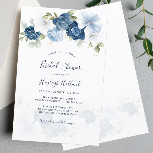ブライダルシャワーダスティブルーフローラスクリプト招待状