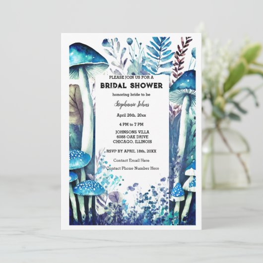ブライダルシャワーダスティブルー結婚のキノコの森 招待状 (スタンド正面)