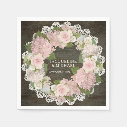 ブライダルシャワーダークウッドレースアジサイバラリース スタンダードカクテルナプキン (正面)