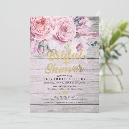 ブライダルシャワーチックウォーターカラーボホフローラフェザー 招待状 (スタンド正面)