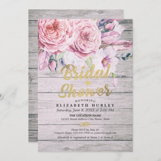 ブライダルシャワーチックウォーターカラーボホフローラフェザー 招待状 (正面/裏面)