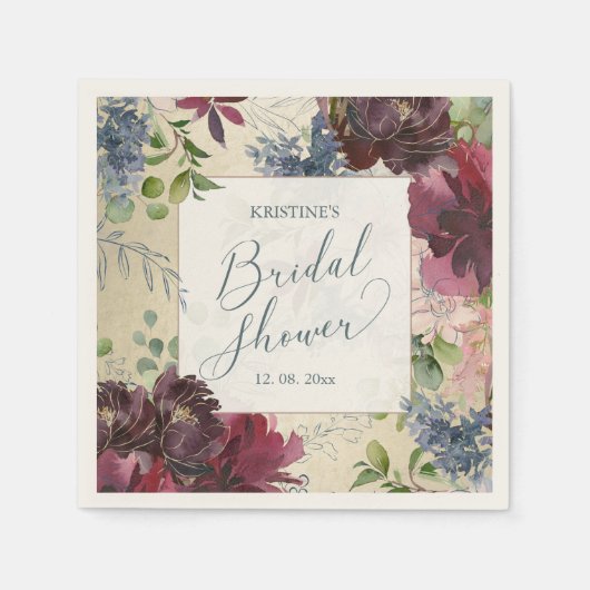 ブライダルシャワーチック マルサラ フラワール 水彩 ゴールド スタンダードカクテルナプキン (正面)