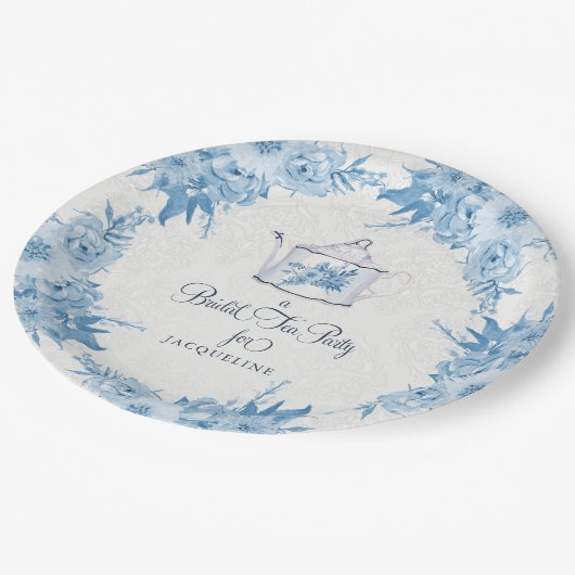 ブライダルシャワーティーエレガントパーティーほこりっぽいブルーフローラ ペーパープレート (アングル)