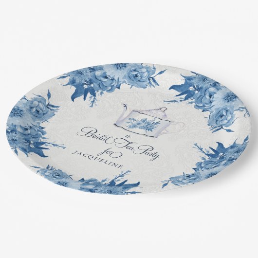 ブライダルシャワーティーエレガントパーティーネービーブルーフラワーズ ペーパープレート (アングル)