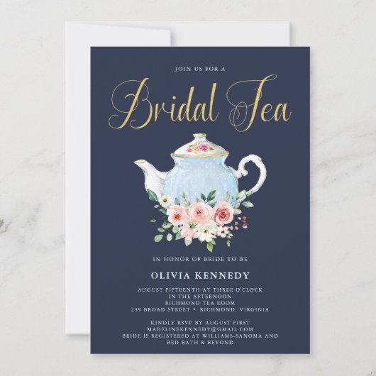 ブライダルシャワーティーエレガント赤面フローラ金ゴールド 招待状 (正面)