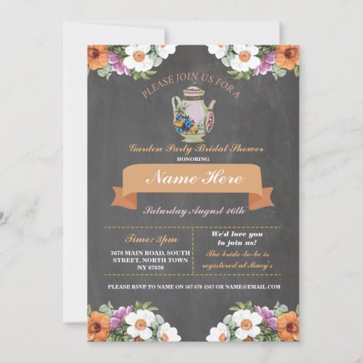 ブライダルシャワーティーガーデンパーティーティーポット招待状 招待状 (正面)