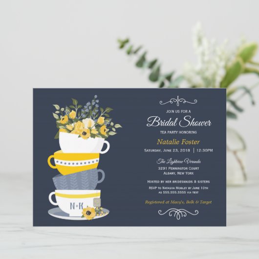 ブライダルシャワーティーパーティの招待状 | ネイビー&イエロー 招待状 (スタンド正面)