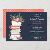 ブライダルシャワーティーパーティの招待状 | ネイビー&コーラル 招待状 (正面/裏面)