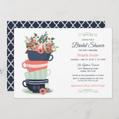 ブライダルシャワーティーパーティの招待状 |青とコーラル 招待状 (正面/裏面)