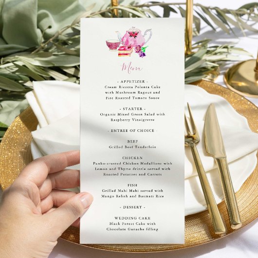 ブライダルシャワーティーパーティーほこりっぽいピンクティーポットメニュー メニュー