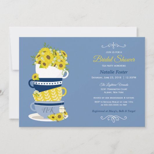 ブライダルシャワーティーパーティーサンフラワーズ |青と黄 招待状 (正面)