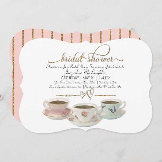 ブライダルシャワーティーパーティーティーカップ金ゴールドモダングリッター 招待状 (正面/裏面)