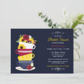 ブライダルシャワーティーパーティーバラ&ひまわり – ネイビー 招待状 (スタンド正面)