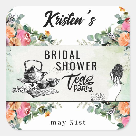 ブライダルシャワーティーパーティーパーソナライズされたシール スクエアシール (正面)