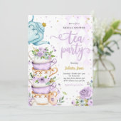 ブライダルシャワーティーパーティーパープルおよび金ゴールドフローラ 招待状 (スタンド正面)