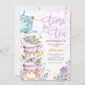 ブライダルシャワーティーパーティーパープルおよび金ゴールドフローラ 招待状 (正面)