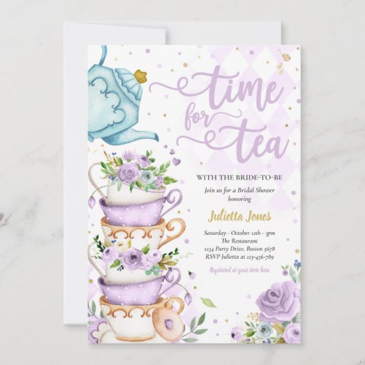 ブライダルシャワーティーパーティーパープルおよび金ゴールドフローラ 招待状 (正面)