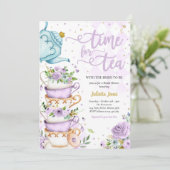 ブライダルシャワーティーパーティーパープルおよび金ゴールドフローラ 招待状 (スタンド正面)