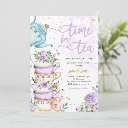 ブライダルシャワーティーパーティーパープルおよび金ゴールドフローラ 招待状 (スタンド正面)
