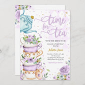 ブライダルシャワーティーパーティーパープルおよび金ゴールドフローラ 招待状 (正面/裏面)