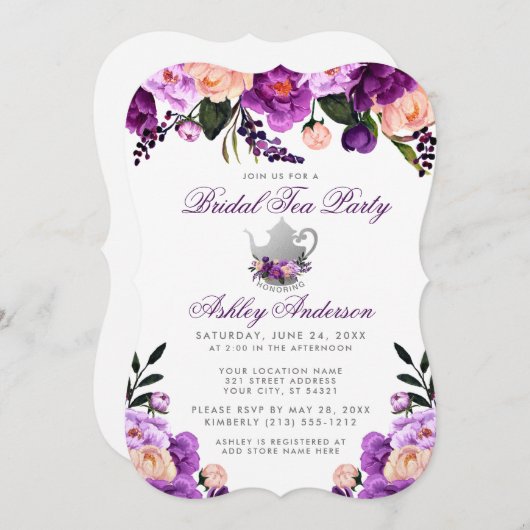 ブライダルシャワーティーパーティーパープルバイオレット招待状B 招待状 (正面/裏面)