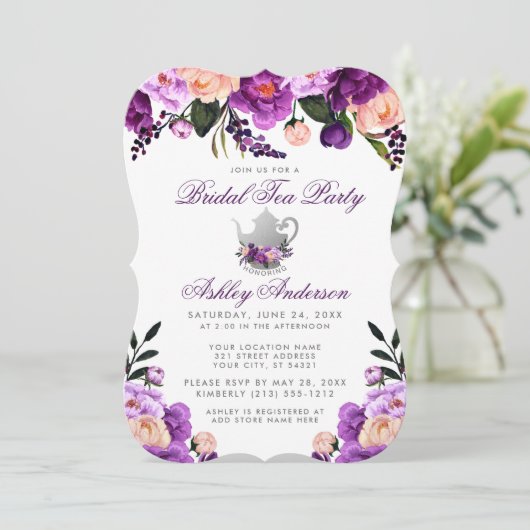 ブライダルシャワーティーパーティーパープルバイオレット招待状B 招待状 (スタンド正面)