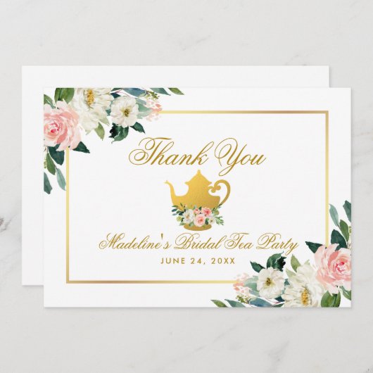 ブライダルシャワーティーパーティーピンクフローラ感謝してい金ゴールド サンキューカード (正面/裏面)