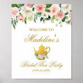 ブライダルシャワーティーパーティーピンクフローラ金ゴールド歓迎 ポスター (正面)