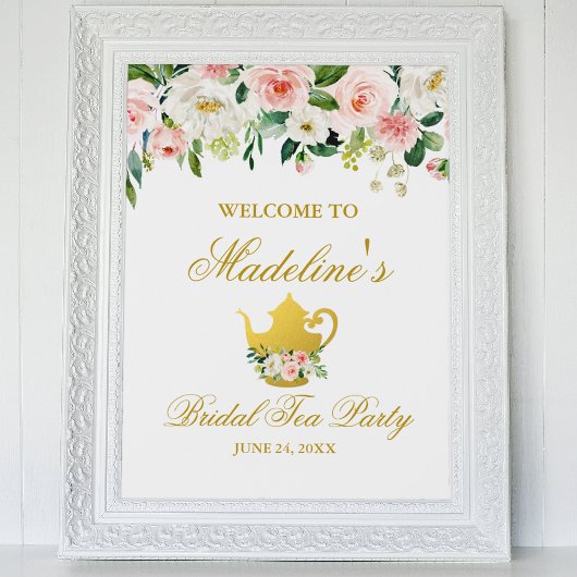 ブライダルシャワーティーパーティーピンクフローラ金ゴールド歓迎 ポスター